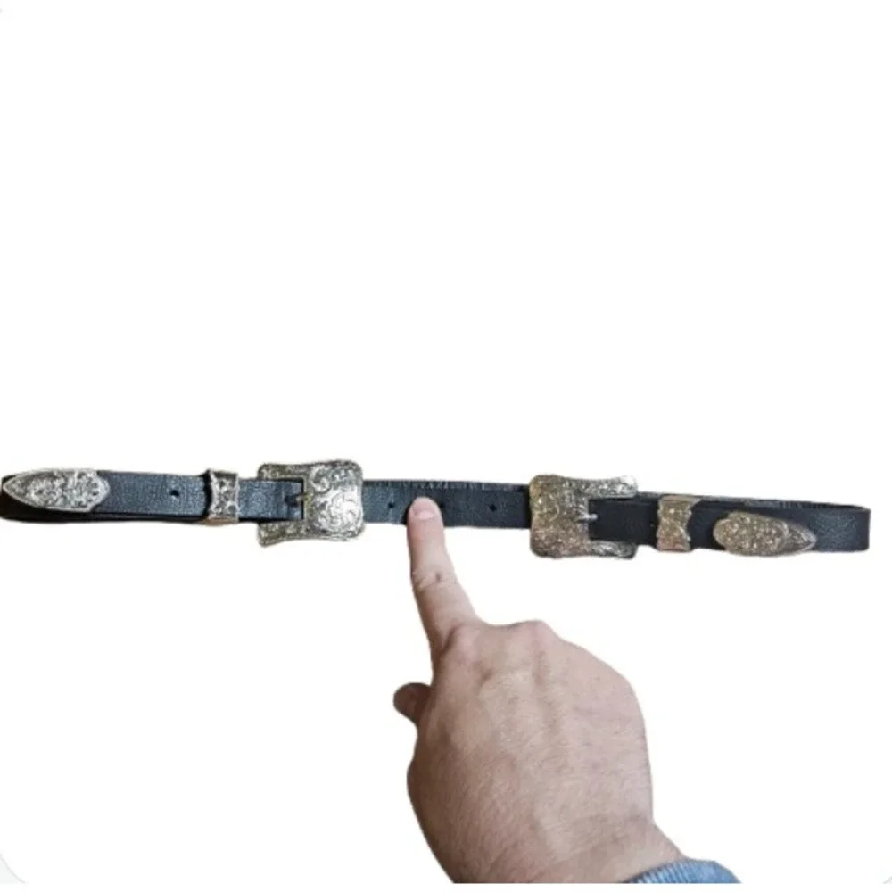 Leather Western‎ Cowboy Belt Silver Buckle Embellished Adjustable Mens 32